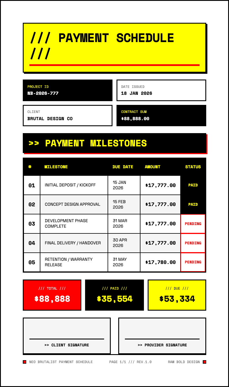 Neo brutalist payment schedule